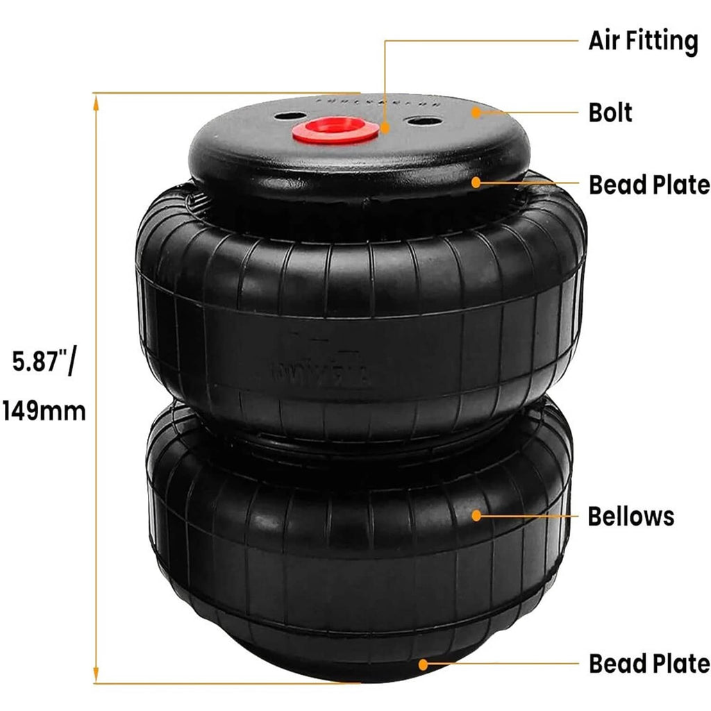 Black double air spring bag assembly with red top fitting, bellows and bead plates