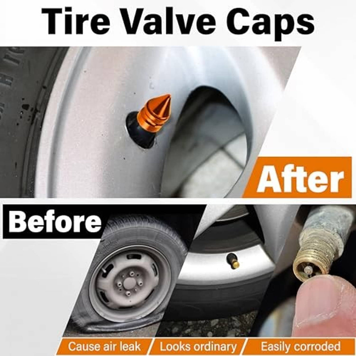Orange spiked tire valve cap installed on wheel valve stem