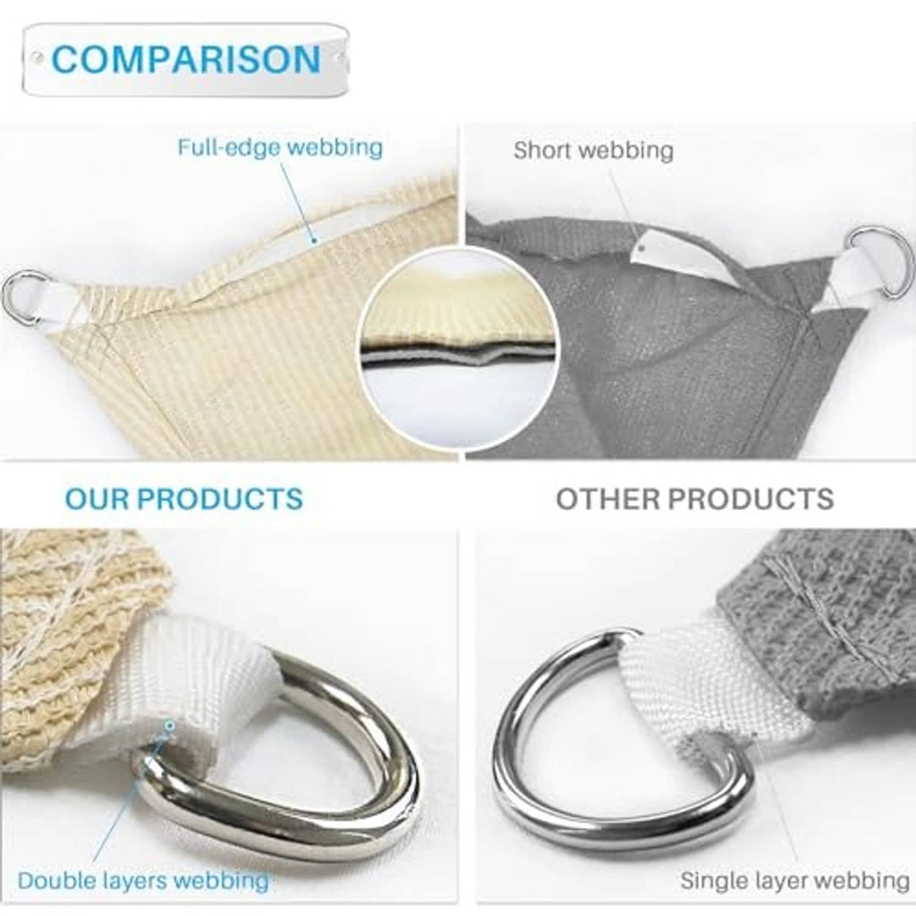 Triangle shade sail webbing edges with metal grommets, double-layer comparison