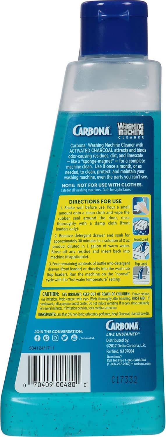 Washing machine cleaner bottle back label with directions and barcode