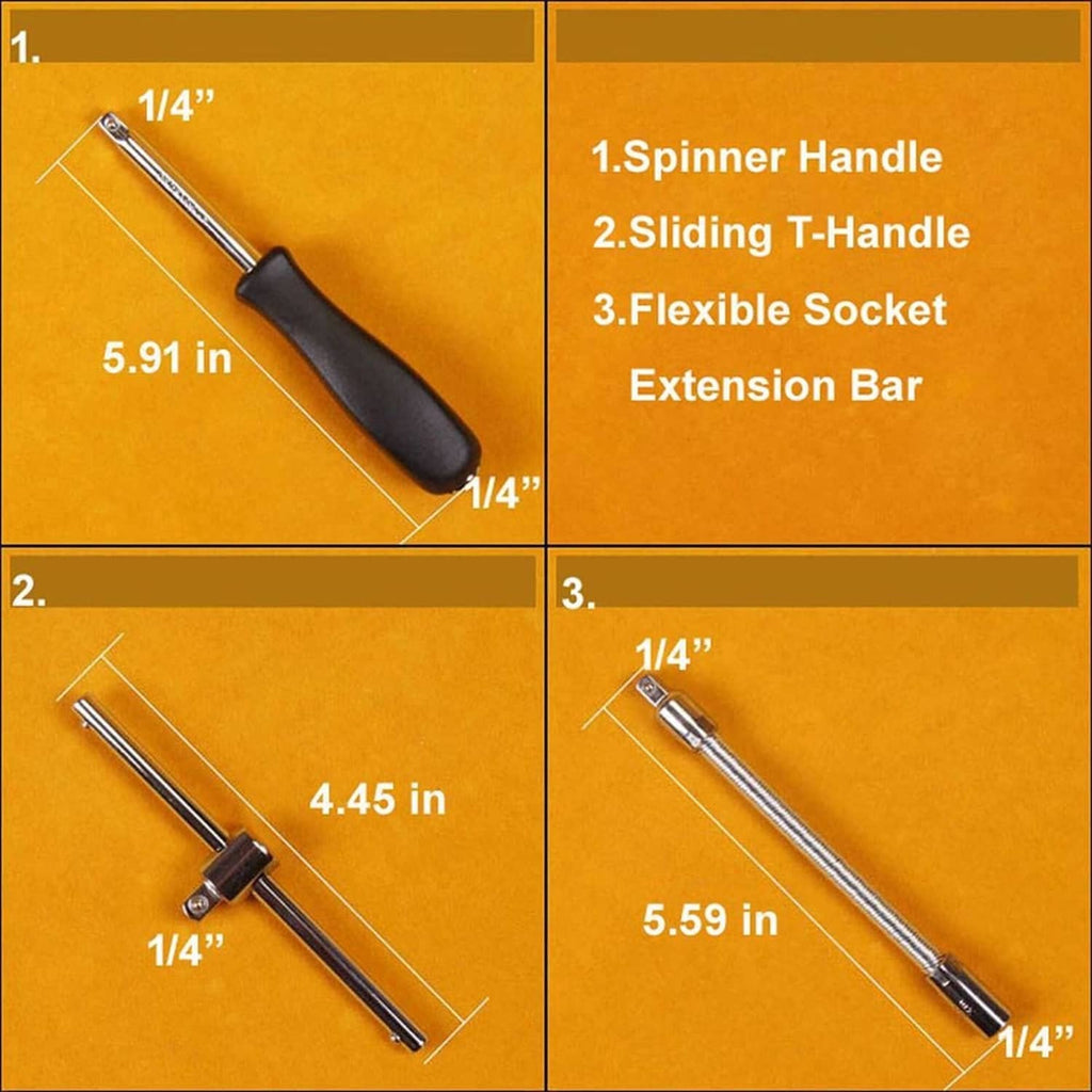 1/4 in drive extension bar set with chrome parts and black rubber handle grips