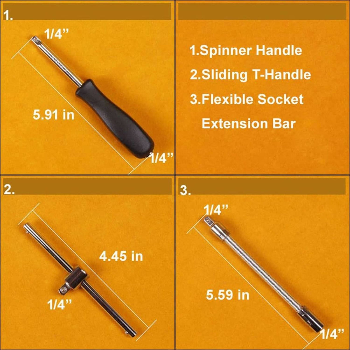 1/4 in drive extension bar set with chrome parts and black rubber handle grips