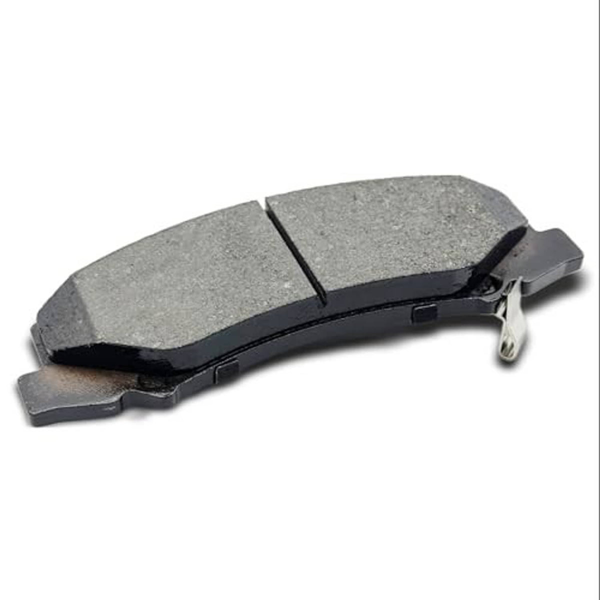 Single gray ceramic brake pad with metal backing and mounting clips, angled view