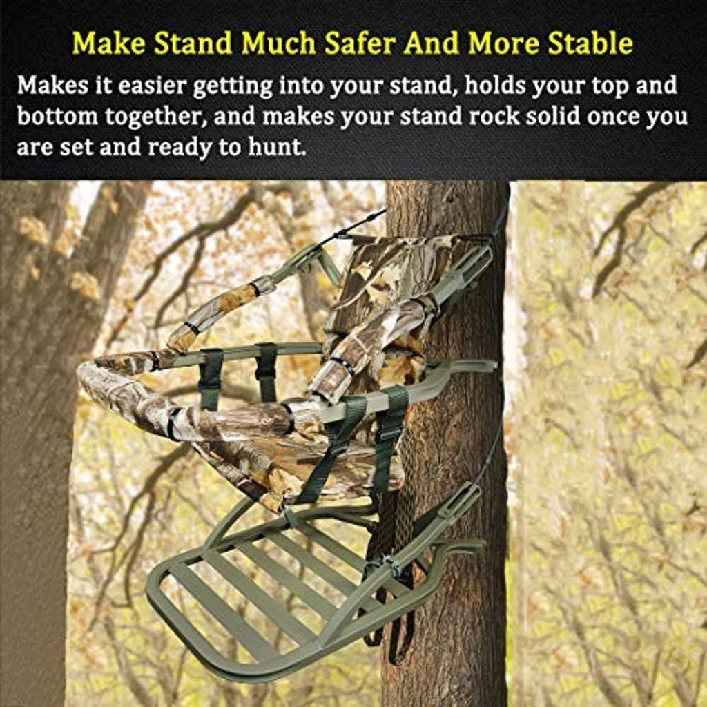 Olive stabilizer straps with black buckles securing a tree stand on a trunk