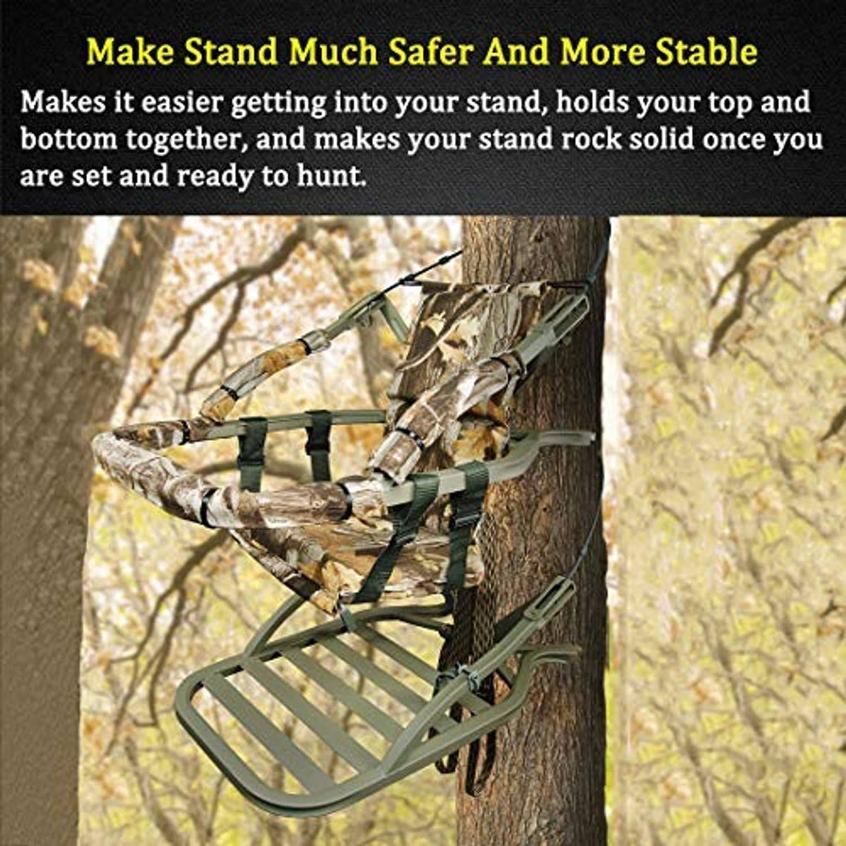 Olive stabilizer straps with black buckles securing a tree stand on a trunk
