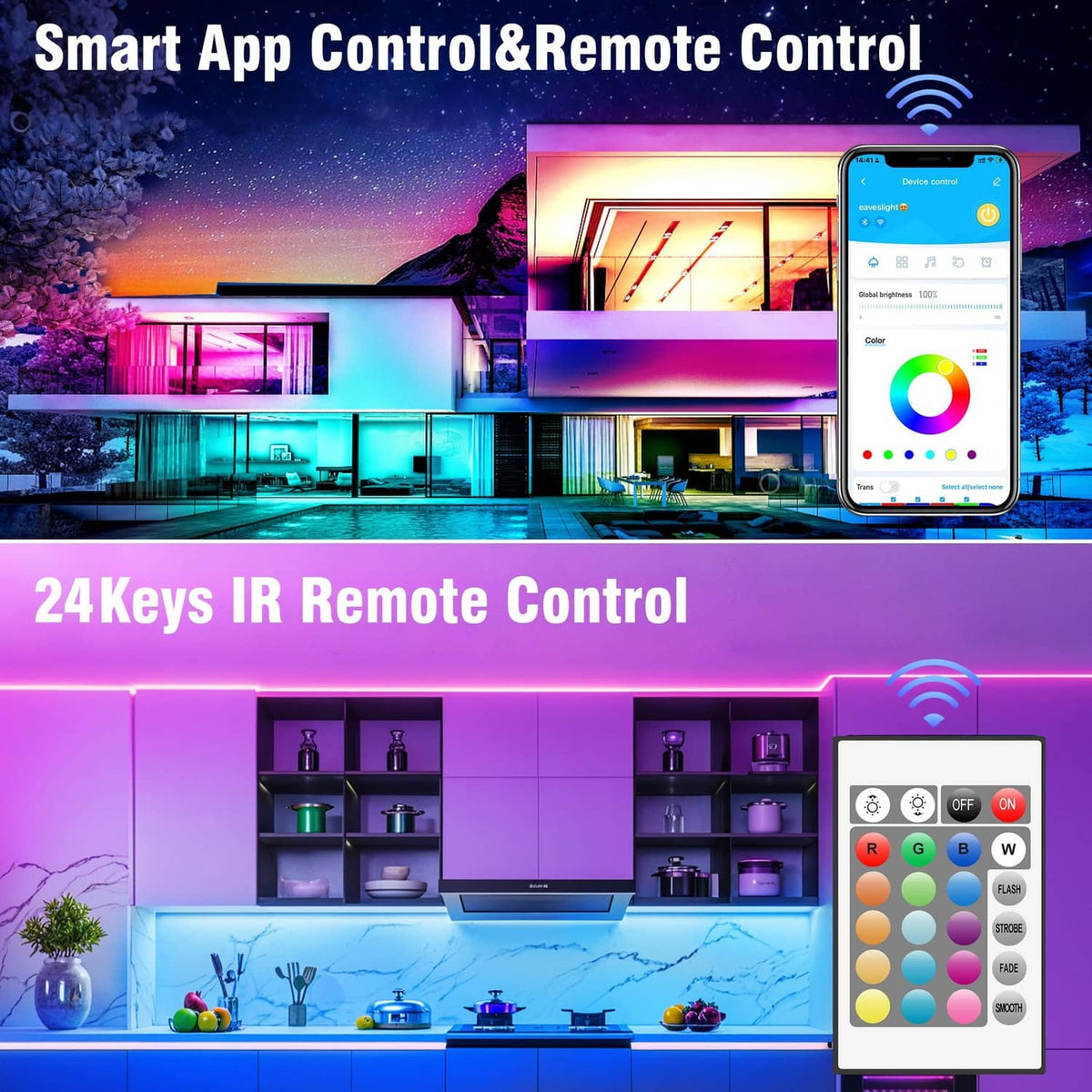 RGB LED strip light with smart app control and 24-key IR remote