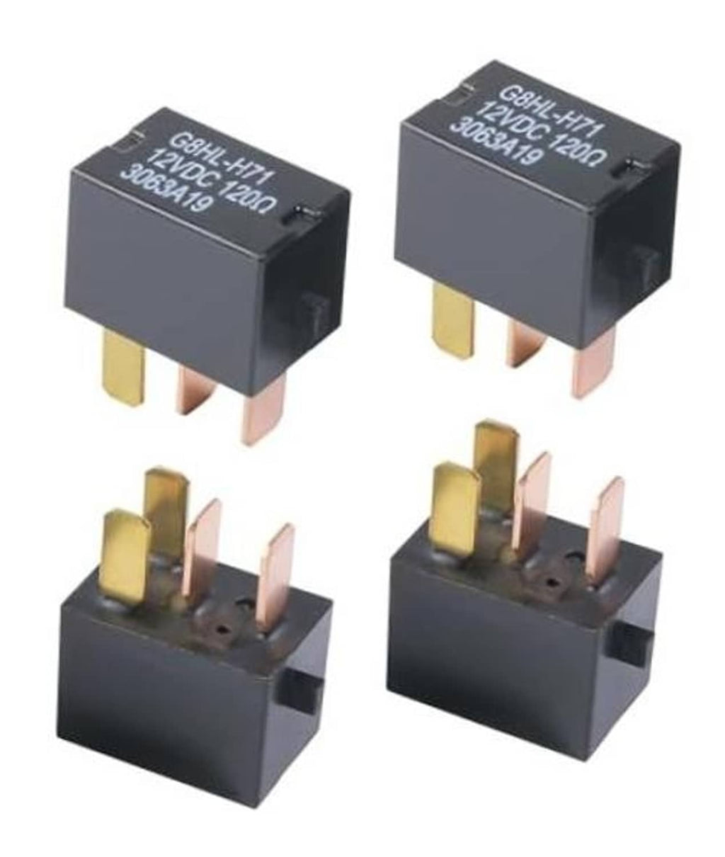 Four black 4-pin car fan relays with brass and pink blade terminals