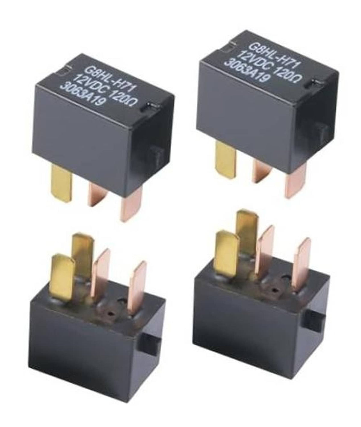Four black 4-pin car fan relays with brass and pink blade terminals
