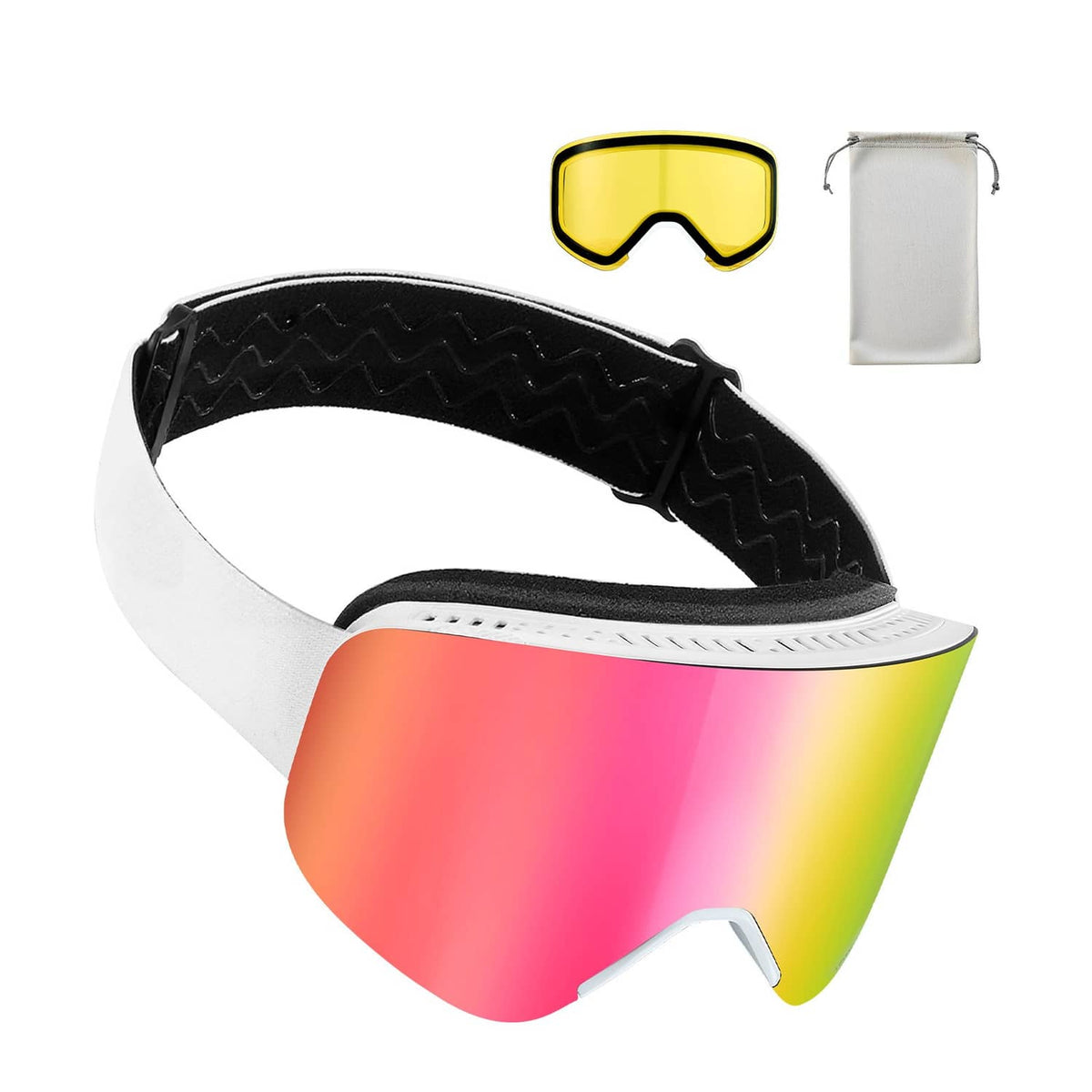 Pink revo ski goggles with cylindrical lens and black zigzag strap