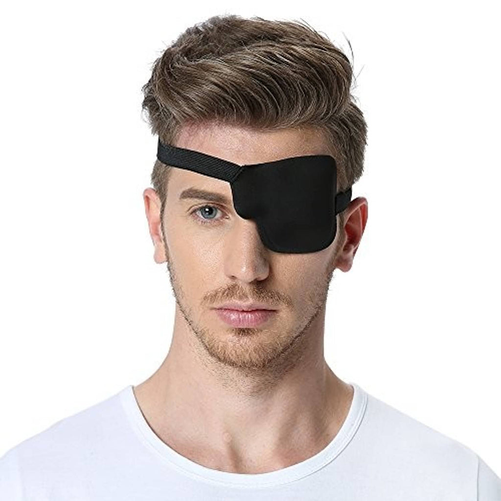 Black 3D contoured left eye patch on a man, secured with an elastic band