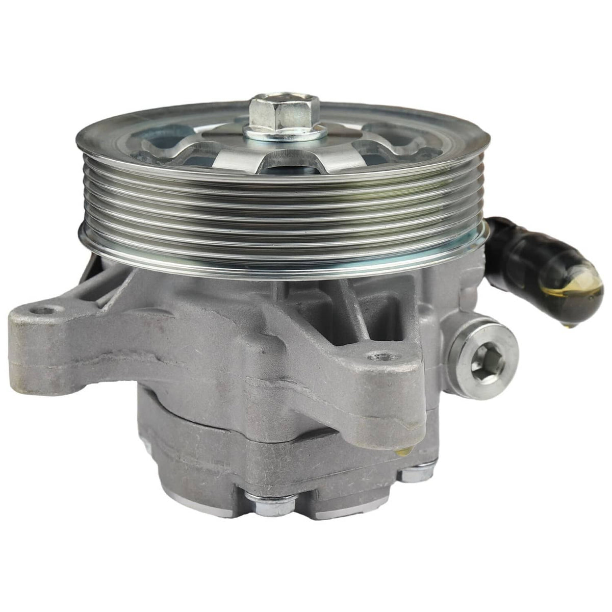 Power steering pump with pulley, ribbed metal pulley with gray housing and mounting ears.