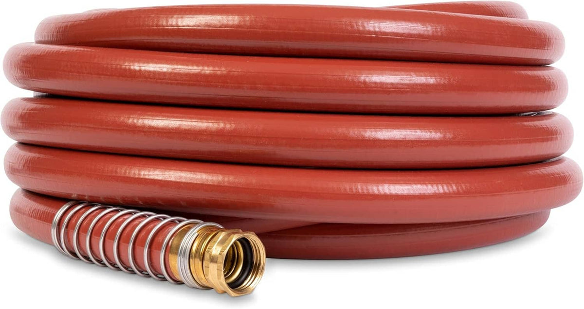 Red 3/4 in x 50 ft water hose coil with brass connector on the end.
