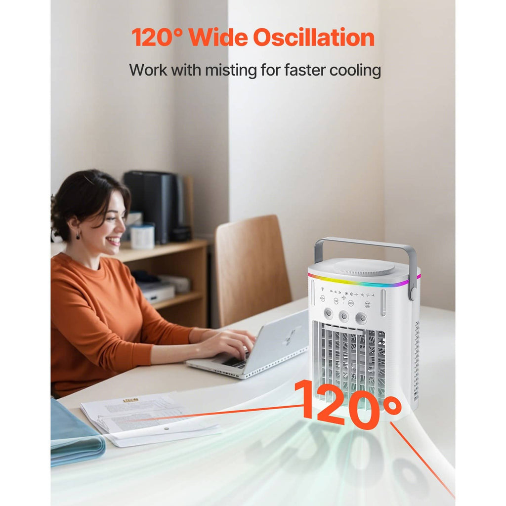 Portable evaporative air cooler with wide front grille, top tank lid, white housing
