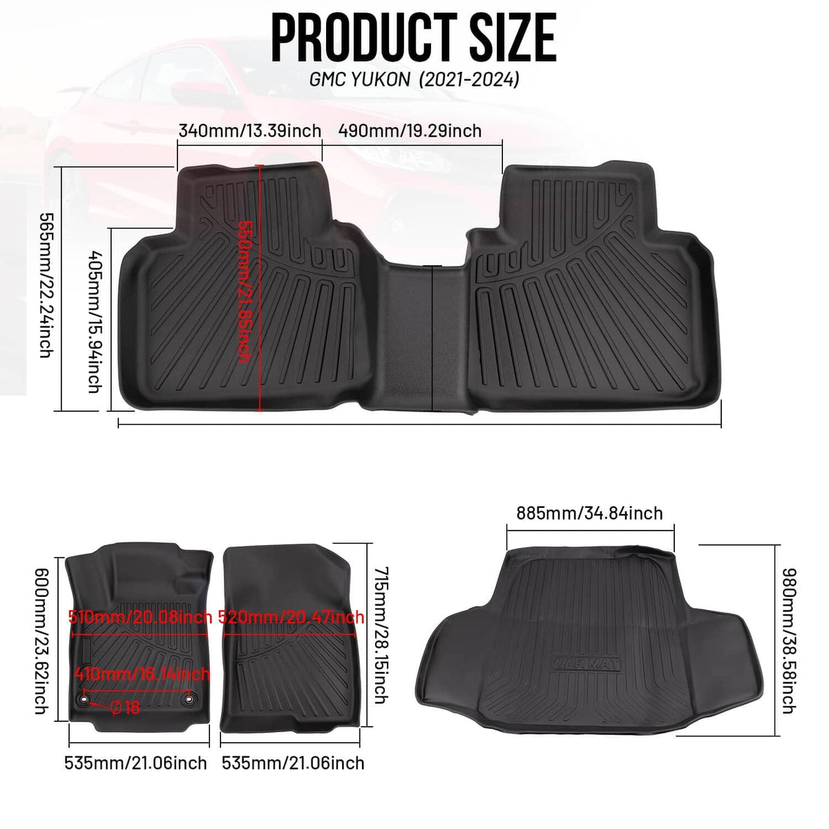 Black all-weather cargo liner and floor mats with shaped fit and deep channel channels