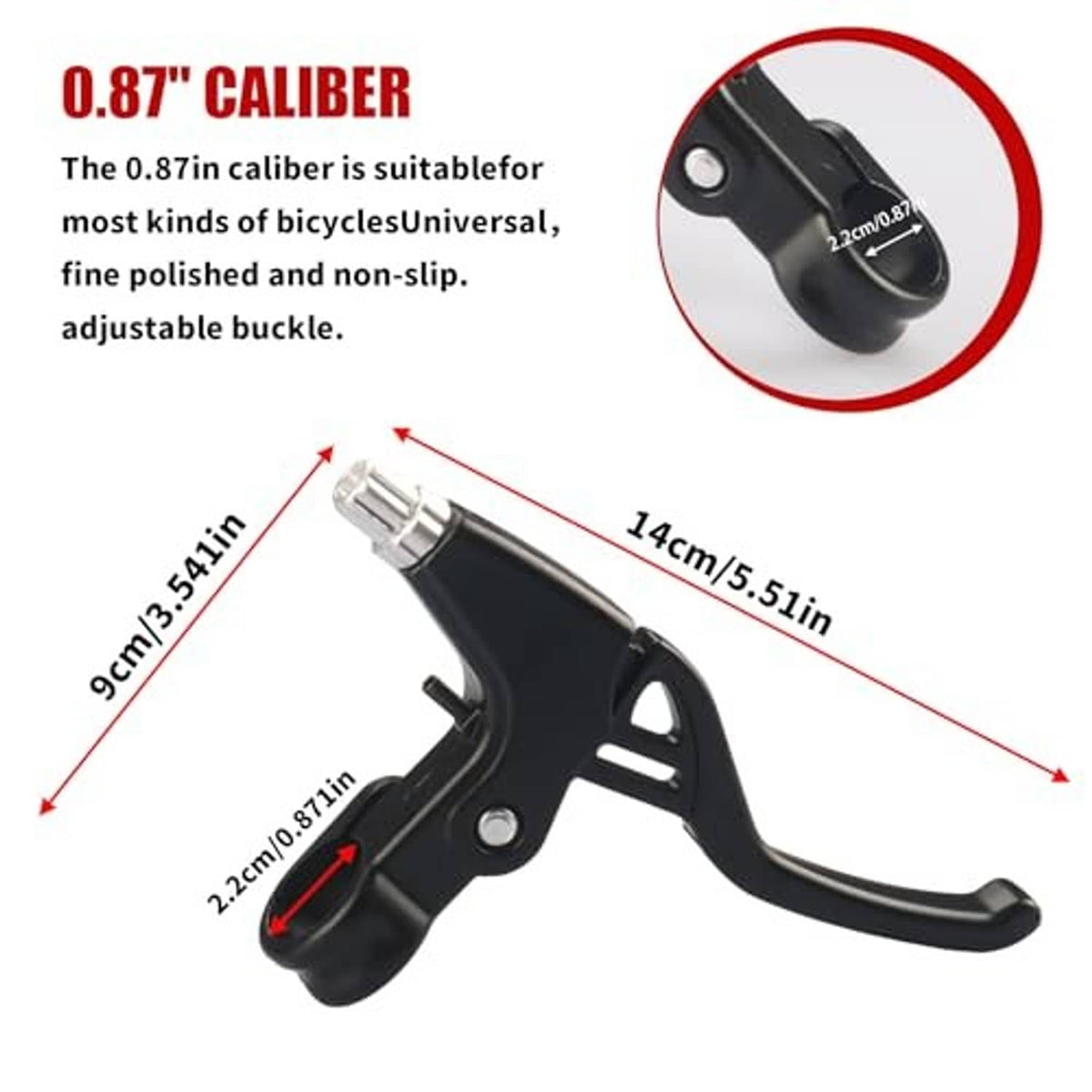 Black V-brake brake levers with size diagram, 2.2cm clamp fit indicated.
