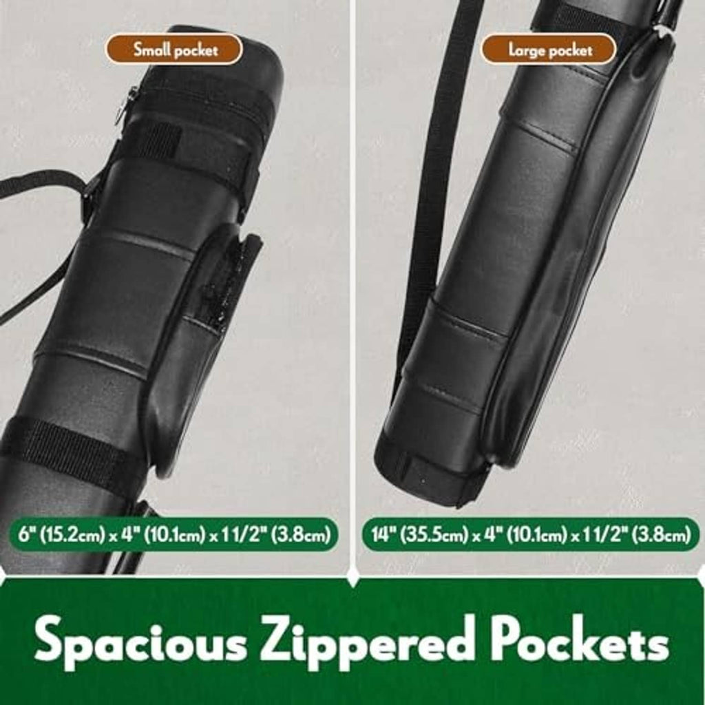 Black hard pool cue case with padded zip pockets for accessories and cue storage