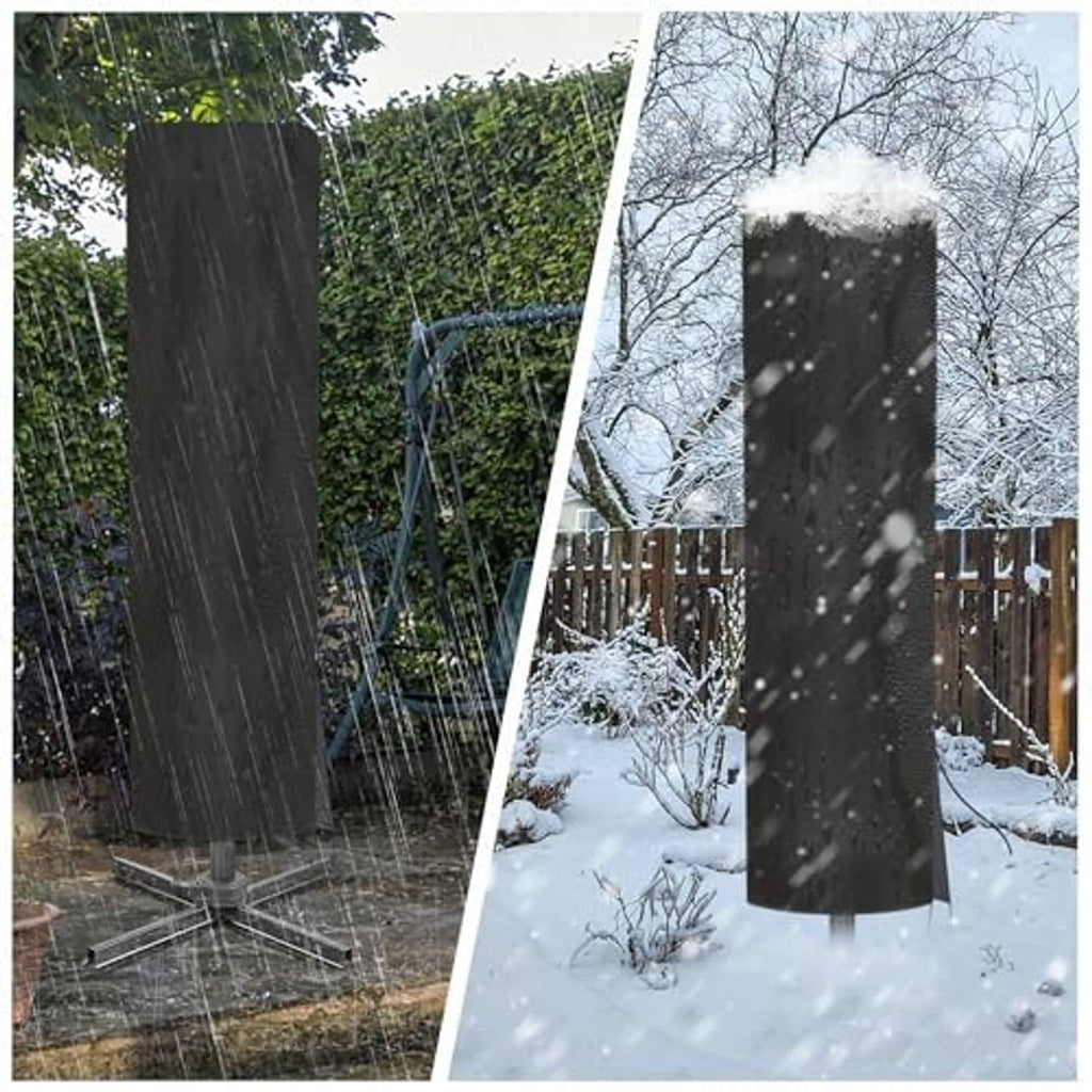 Black umbrella cover protecting offset umbrella in rain and snow