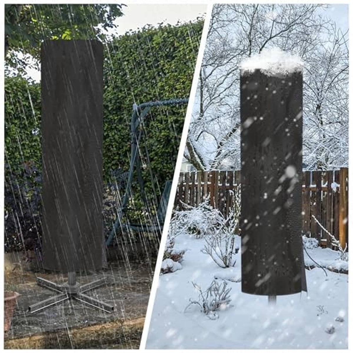 Black umbrella cover protecting offset umbrella in rain and snow