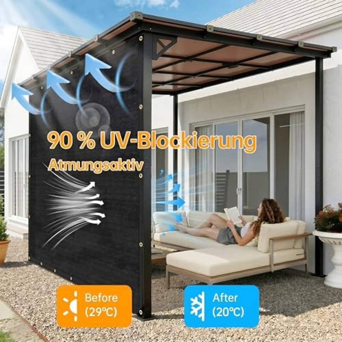 Black shade cloth panel with grommets attached to outdoor pergola roof