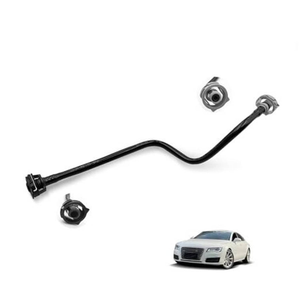 Black radiator coolant hose with metal connectors and mounting bracket ends