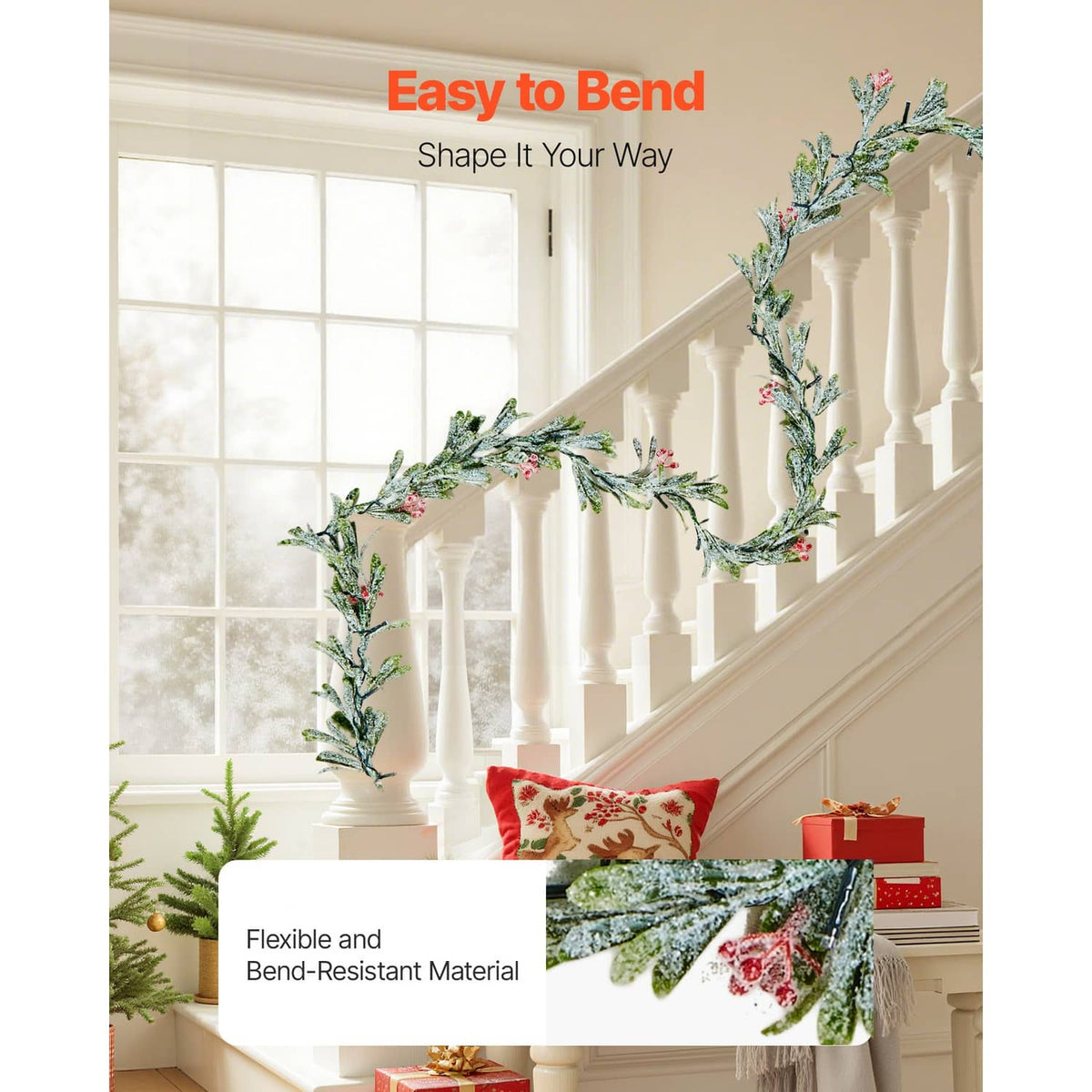 Flexible olive leaf Christmas garland with red berries and bendable vine design