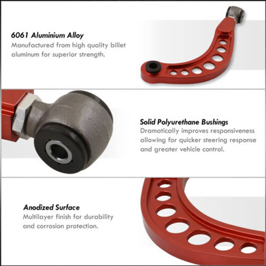 Red camber control arm feature diagram with black polyurethane bushing detail