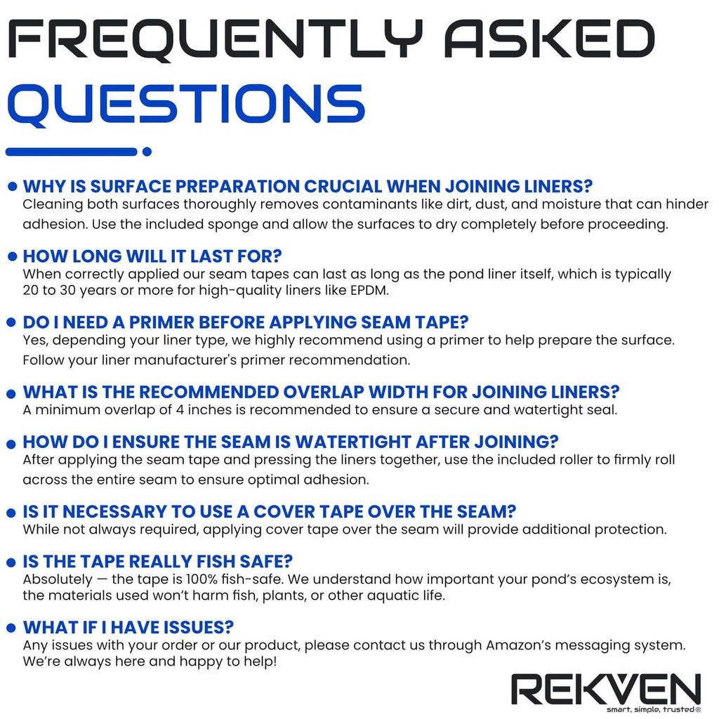 Pond liner seam tape kit FAQ page with text and tape roll