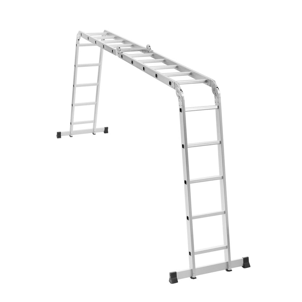 White metal folding ladder extended into A-frame position with 5 steps and rubber feet.