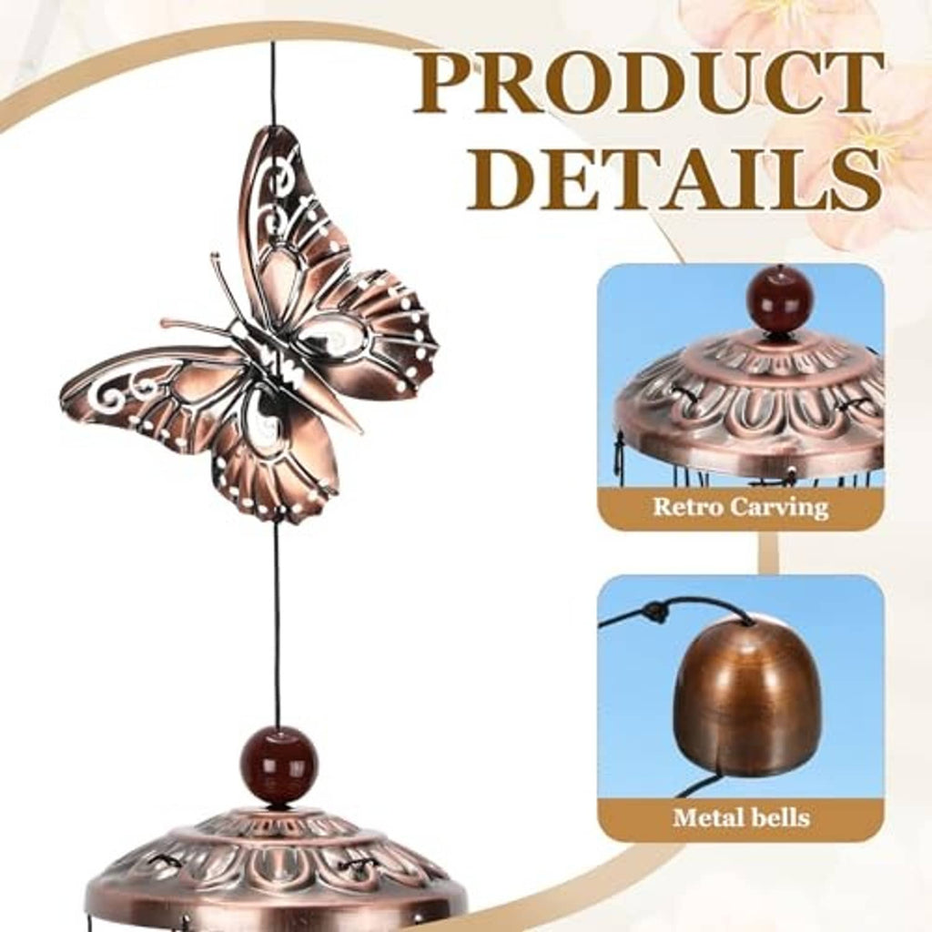 Copper-tone wind chime top bell with decorative butterfly cutouts and dangling tubes