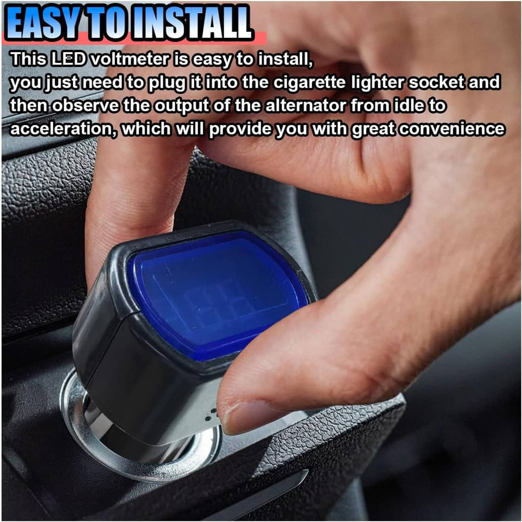 Digital car voltmeter plugged into cigarette lighter socket, blue screen with red reading