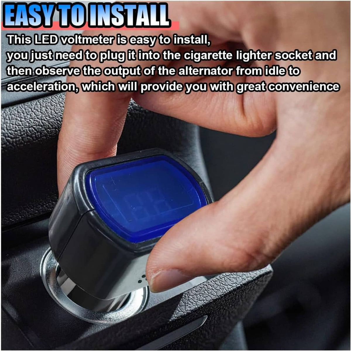 Digital car voltmeter plugged into cigarette lighter socket, blue screen with red reading