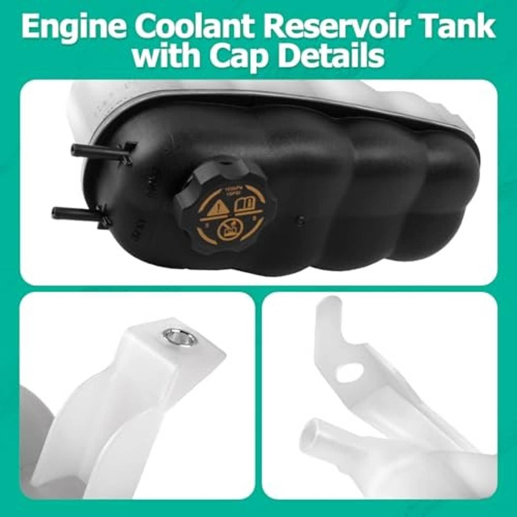 Coolant reservoir tank with black cap, showing cap detail on top
