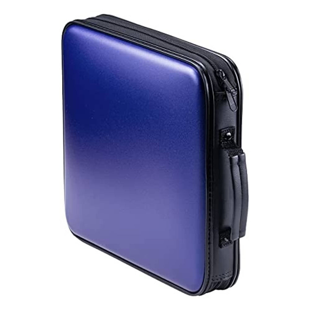 Blue CD storage case with black zipper and side strap detail