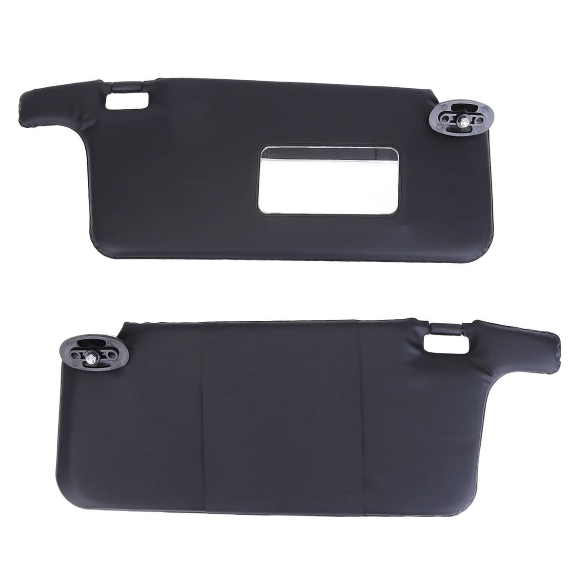 Black car sun visor pair, showing mounting brackets and rectangular cutouts