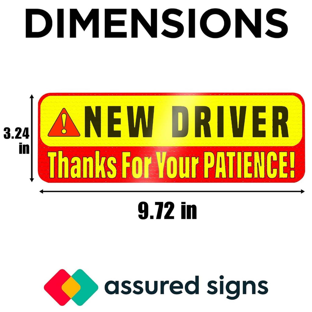 Single “New Driver” magnetic sign with size labels: 9.72 in by 3.24 in.