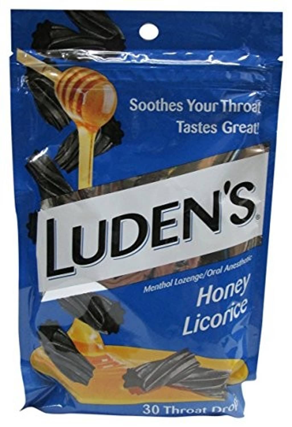 Honey licorice throat drops pouch, Luden's, blue bag, 30-count