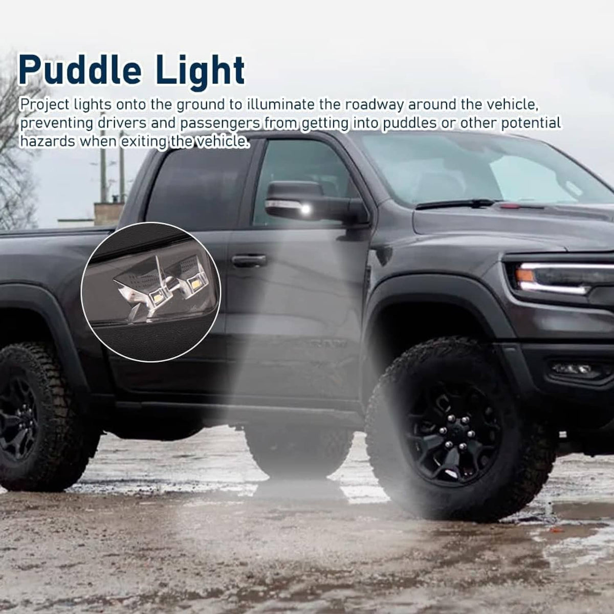Black heated side mirror set with turn-signal light, shown with illuminated puddle light