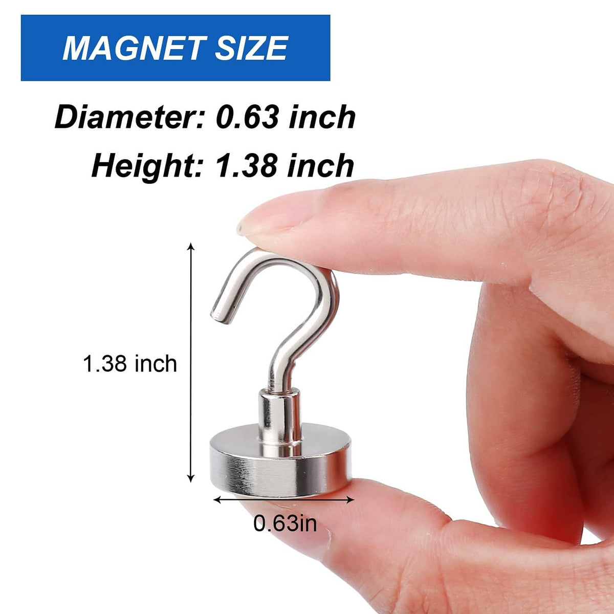 Magnetic hook with stainless base and curved hook, size shown: 0.63 in diameter
