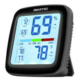 Black digital hygrometer and indoor thermometer with blue LCD showing humidity and °F