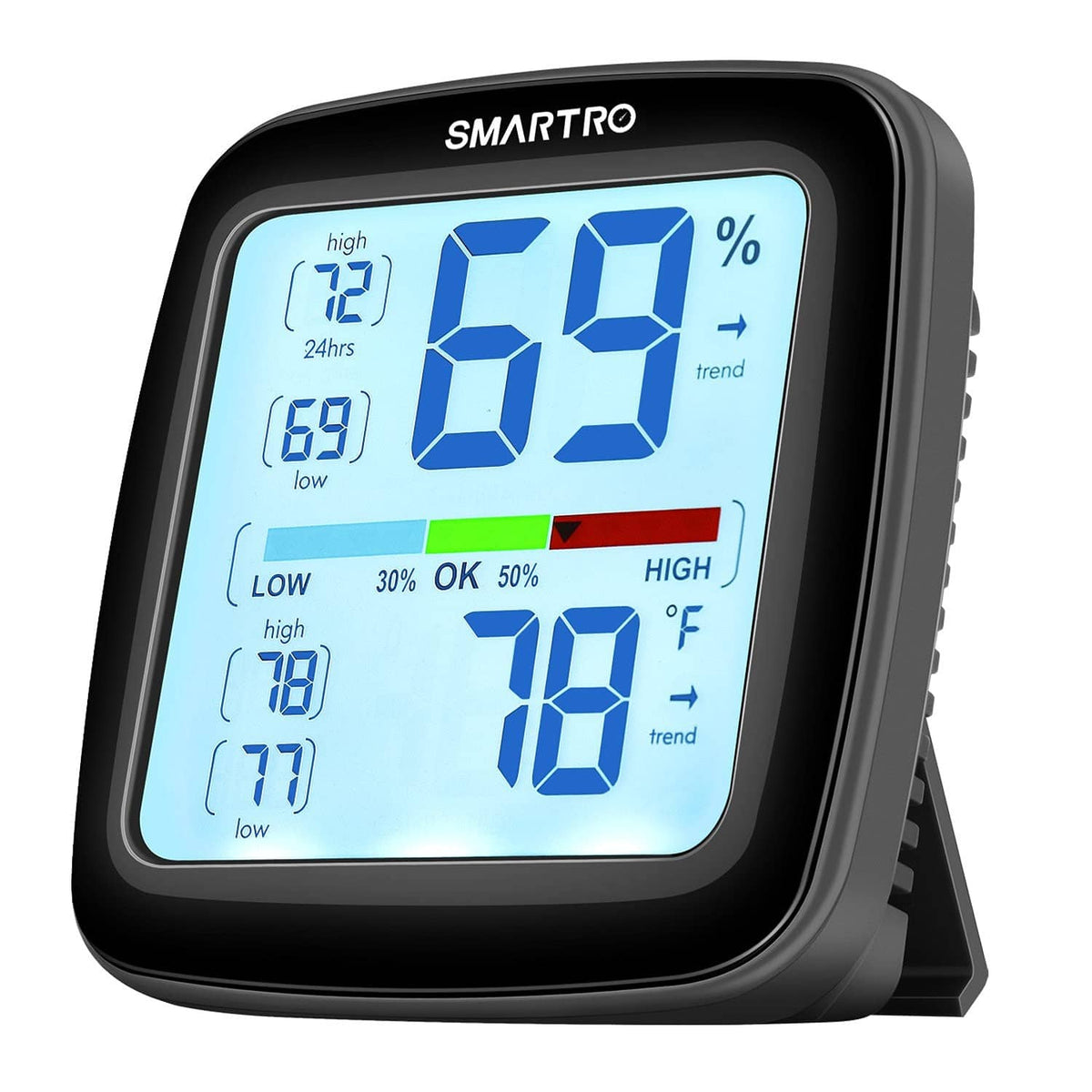 Black digital hygrometer and indoor thermometer with blue LCD showing humidity and °F