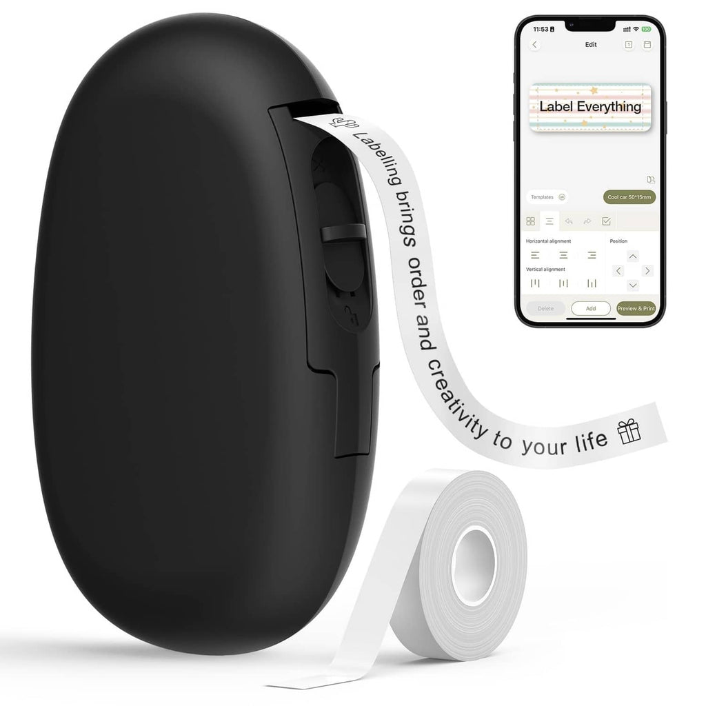 Black portable Bluetooth label maker with tape roll and smartphone preview