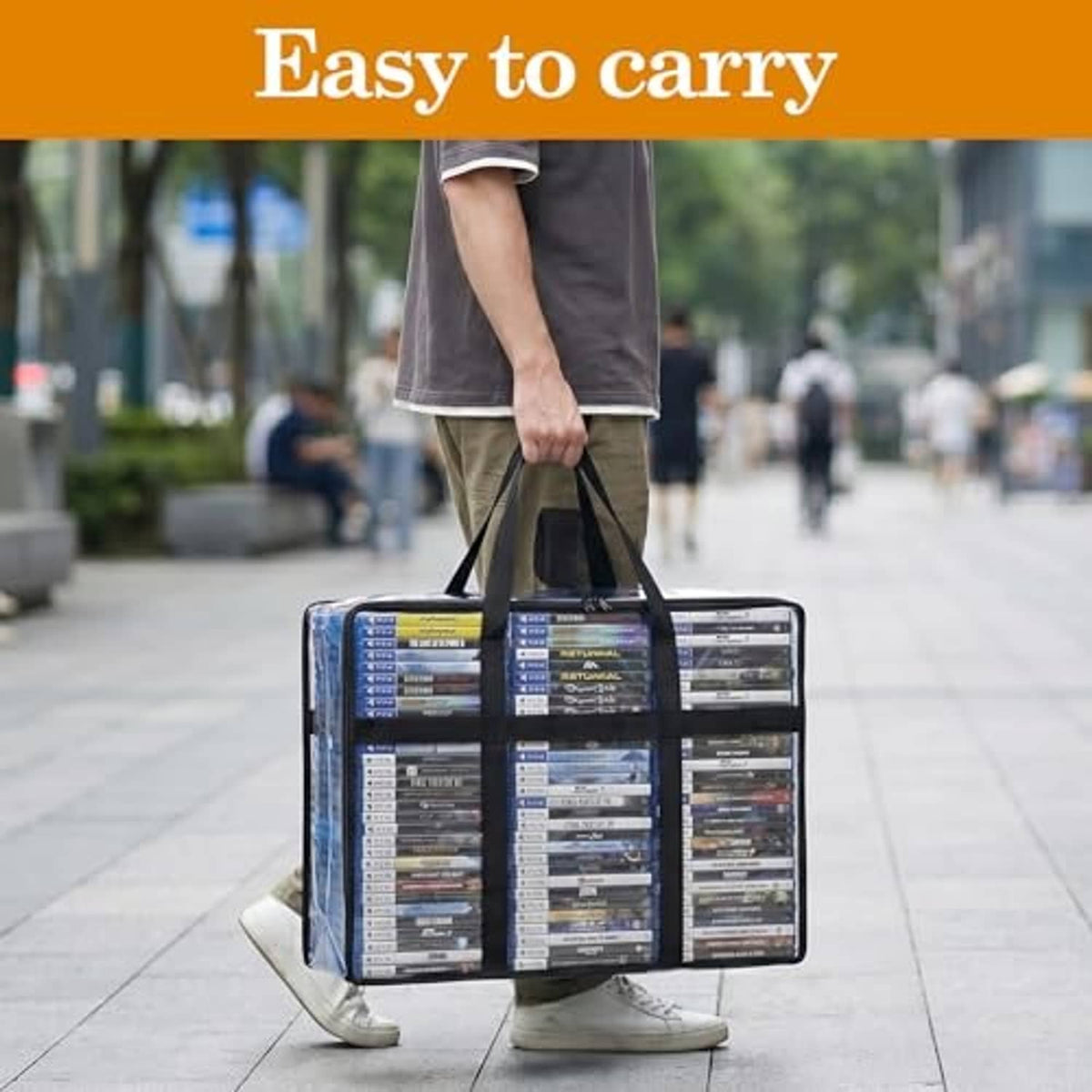 Portable 2-pack clear Blu-ray case holder with black handles and zipper top