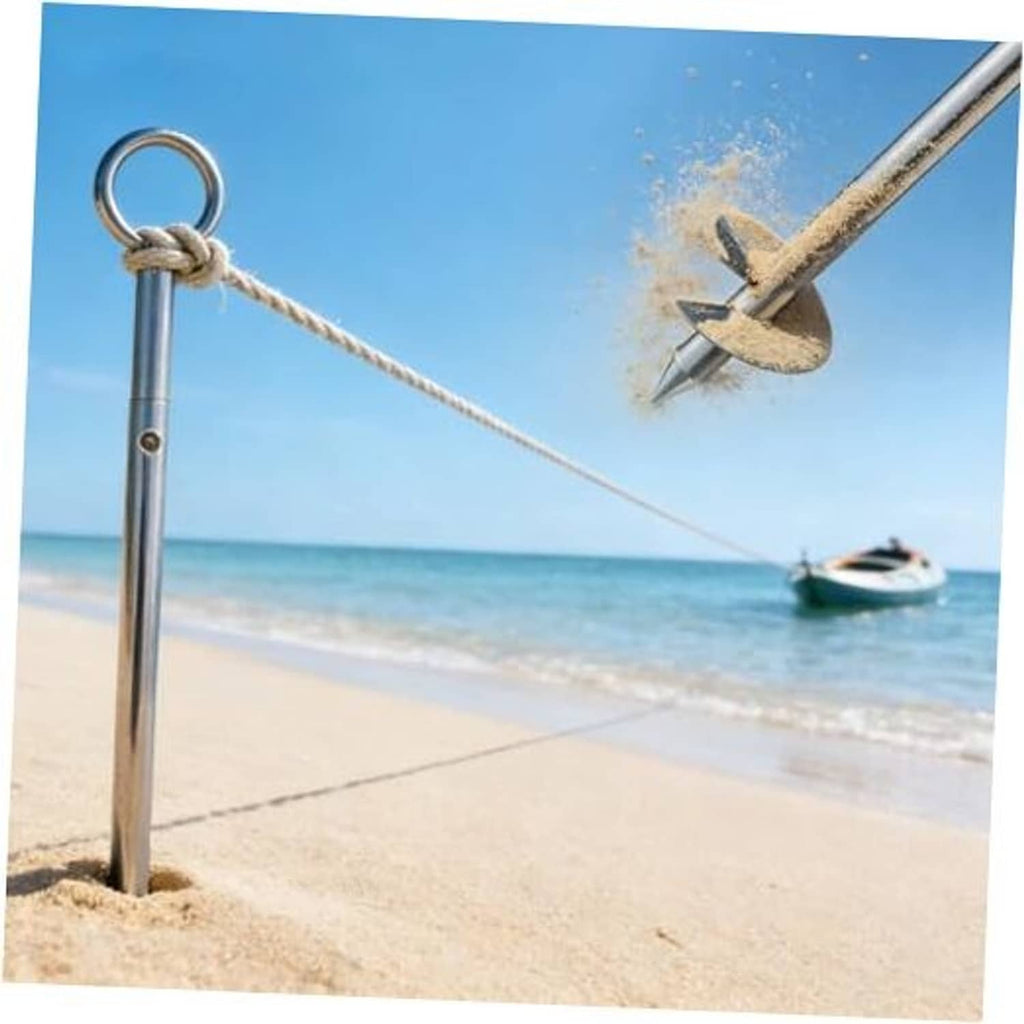 Stainless sand anchor auger with rope and eye ring set in beach sand