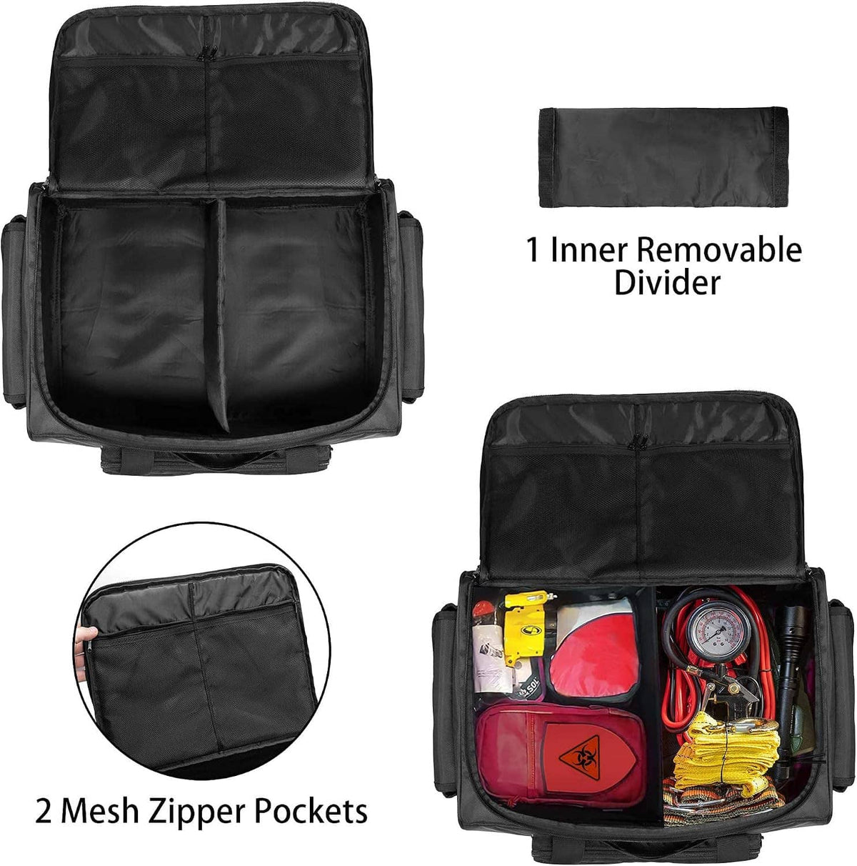 Black under-seat storage bag with removable inner divider and mesh zipper pockets