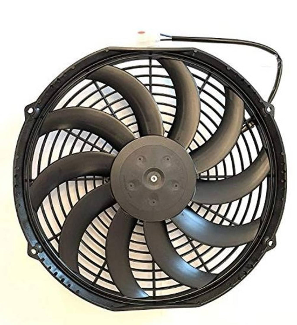 12-inch puller fan with dark curved blades and protective grill around the motor hub