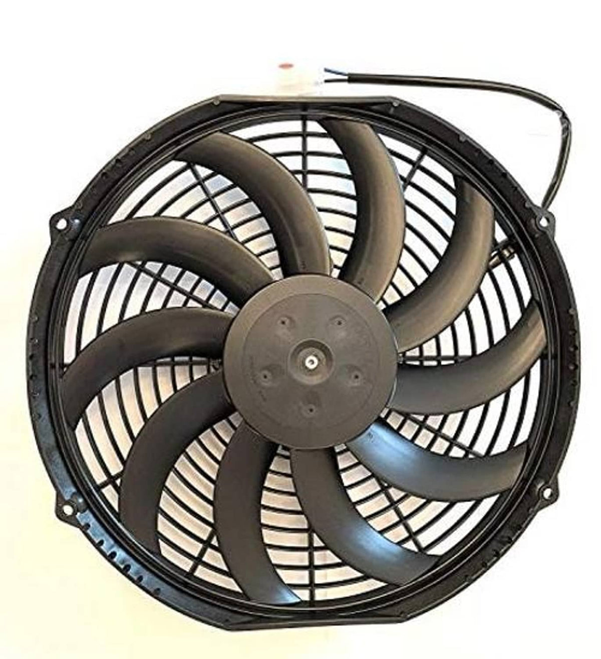 12-inch puller fan with dark curved blades and protective grill around the motor hub