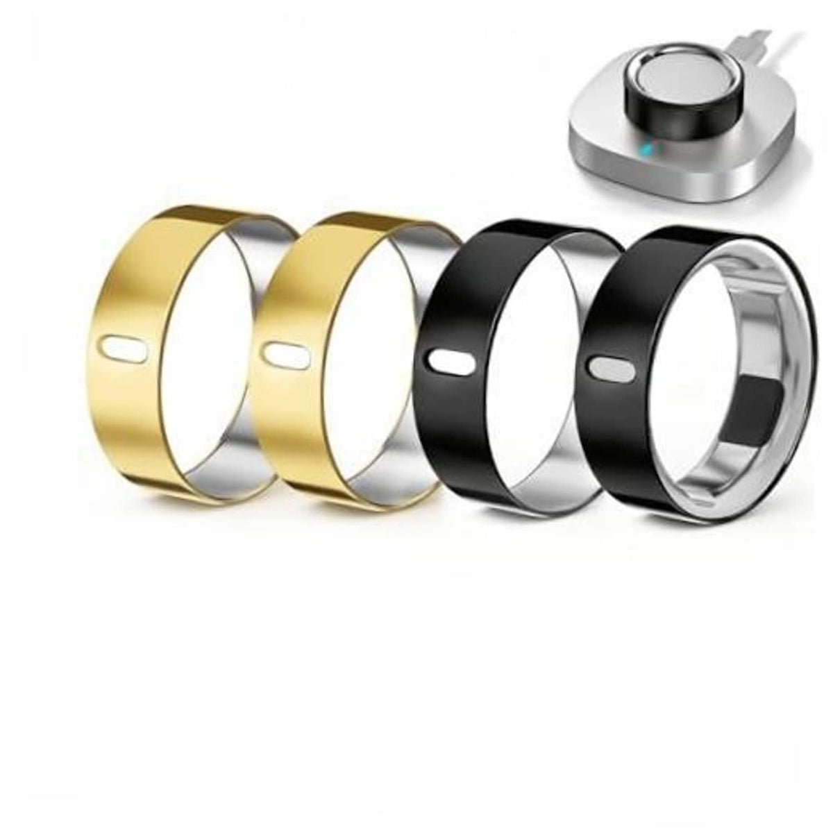Set of 4 ring covers: two gold and two black, curved TPU shells with cutouts
