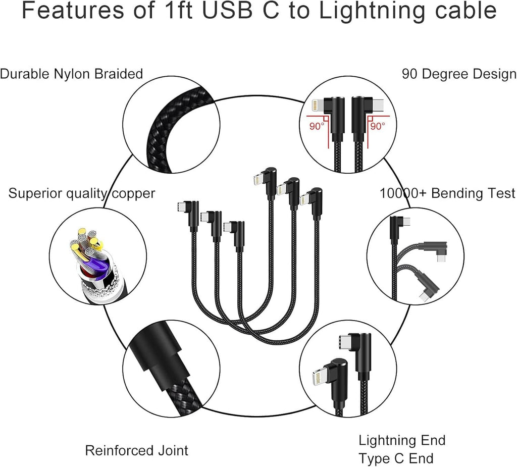 Three black nylon-braided USB-C to Lightning cables with right-angle connectors
