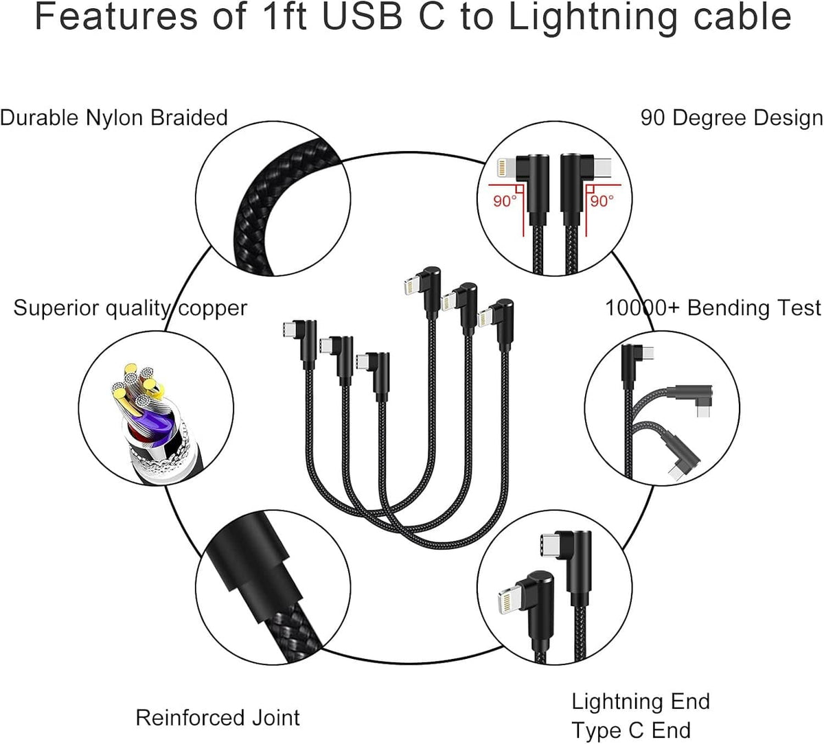 Three black nylon-braided USB-C to Lightning cables with right-angle connectors