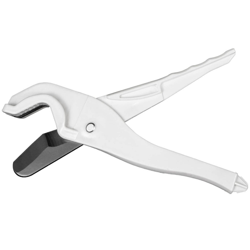 Manual tubing cutter with white handle and curved metal cutting blade